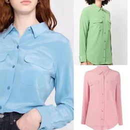 2022 Autumn Lapel Neck Silk Solid Color Blouse Shirt Pink Long Sleeve Pockets Single-Breasted Top Shirts M202420