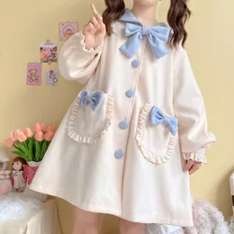 Women's Wool Women's & Blends Japanese Preppy Style Sweet Girl Lolita Coat Kawaii Sailor Collar Bow Cute Long Sleeve Single-Breasted
