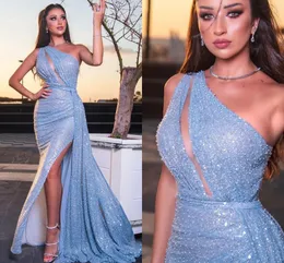 Glitter Sky Blue Mermaid abito da sera una spalla paillettes perline spacco formale abiti da ballo per le donne usura del partito 2023 arabo Dubai Vestidos De Fieast