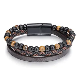 Simple Handwoven Leather Stone Tiger Eye Bracelet Bangle Cuff Wristband Braided Multilayer Wrap Men's Bracelets Hip Hop Fashion Jewelry
