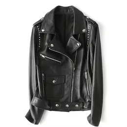 Fashion Street Women Real Sheep Skin Leather Jacket Black Rivet ￤kta l￤der Korta motorcykeljackor