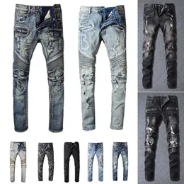 Erkekler Kot Mens Designer Jeans Sıkıntılı Yırtık Biker İnce Fit Motosiklet Bisikletçileri Denim Erkekler Moda Mans Siyah Pantolon Pile Hommesgnww