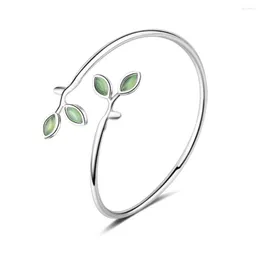 Bangle MOONROCY Silver Color Open Green Opal Bracelet Leaves Party Cute Jewelry For Women Girls Children Gift Drop