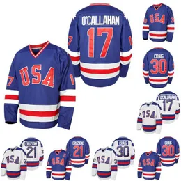 Mens 1980 USA Miracle on Hockey Jersey #17 Jack O'Callahan #21 Mike Eruzione #30 Jim Craig 100 ٪ Team USA Hockey Jerseys Blue