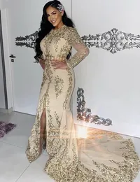 Elegant Champagne Moroccan Kaftan Evening Dresses Lace Embroidery Long Sleeve Front Split Mermaid Celebrity Party Gowns Court Train Arabic Maxi Prom Wear 2023