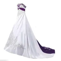 Vintage White and Purple Satin Camo Wedding Gowns 2022 Strapless Lace-up Beaded Lace Embroidery Sweep Train Corset Plus Size