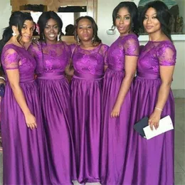 Vintage Inspired Purple A Line Bridesmaid Dresses Girl Lace Appliqued Short Sleeve Custom Made Satin Maid Of Honor Gowns