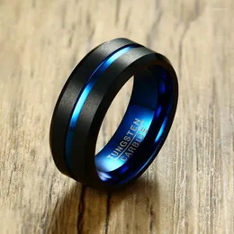 Bröllopsringar Mens Black Tungsten Carbide 8mm Matte Färdiga band Blue Thin Line Groove för manliga gentleman smycken