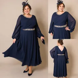 Navy Beaded Mother of the Bride Dresses Jewel Neck Evening Gowns With Long Sleeves Tea Length A Line Wedding Guest Dress