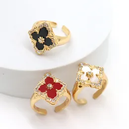 Natural Shell Clover Luxury Designer Bang Rings for Women with Shining Bling Crystal Lucky 18K Gold Open love Ring Jewelry