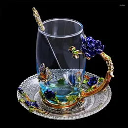 Tasses 300/400ml bleu Rose émail cristal tasse fleur thé verre haute qualité eau tasse avec poignée cadeau pour amoureux mariage