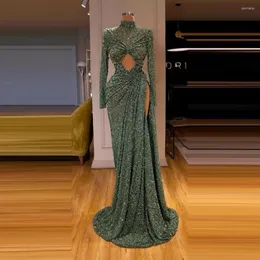 Party Dresses Vestiti Da Sera Green Sequins Evening High Slit Long Sleeves Neck Custom Made Prom Gowns For Women