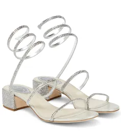完璧なRene Cleo Sandals Shoes Women Winding Ankle Straps Caovilla Spiral Crystal-Embellished Chunky Heels Party Wedding Bridal EU35-43