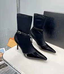 Kvinnors designer Short Boots Fashion Pointy Leather Elastic Boots Roman Sexig Martin Kne High Heels 10 8 cm Storlek 35-41