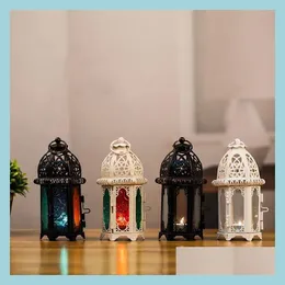 Candle Holders European Moroccan Glass Candlestick Metal Wind Lamp Creative Aromatherapy Candle Cup Iron Decoration Ornaments Holder Dhyaz