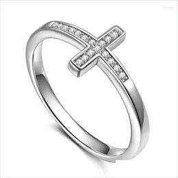 Bröllopsringar Bröllopsringar Kvinnor Ring Exquisite Sier Plated Rhinestones Cross for Women Eternity Christian Fashion Party Gifts Jewe Dhjjk