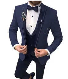 أزياء البحرية الأزرق العريس Tuxedos الذروة صفراء سليم فيمل العريس