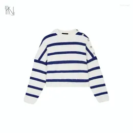 Women's Sweaters MAJE French Blue Striped Knitted Top 2022 Early Autumn Navy Style Button Embellishment Loose Round Neck Casual Sweater