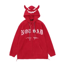 Zip up hoodie sweatshirt jacka y2k broderi brev dj￤vul horn fleece coat streetwear harajuku retro l￶s punk goth