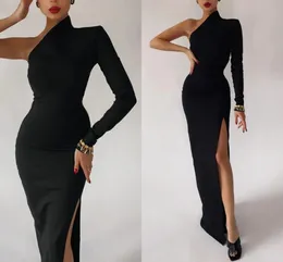 Abito da sera nero sexy 2023 Elegante tubino con spacco Abiti da ballo formali per le donne Abiti da festa Una spalla Manica lunga Abiti De Fieast Robe Soiree