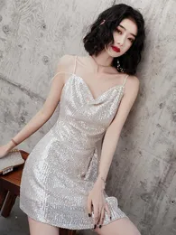 Casual Dresses Sexy Spaghetti Strap Sleeveless Mini A-line Silver Party Elegant Sequin Woman Vestido De Festa Dress