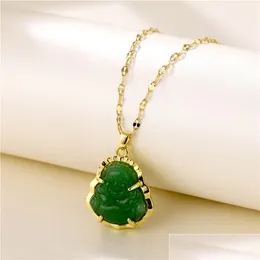 Pendant Necklaces Laughing Buddha Jade Pendant Necklace With Titanium Steel Copper 18K Real Gold Plated Long Lasting Colour Hiphop N Dhgvd