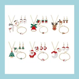 Bracelet Earrings Necklace Christmas Earrings Set Gift Series Santa Claus Elk Bell Festive Party Decorations Earring Necklace Bra Dh3Pu