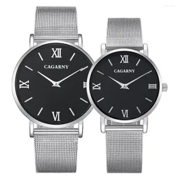 Armbandsur Cagarny Fashion Men Watch Silver Mesh Steel Armband Watches Lovers Gift Quartz Clock Ultra Thin Style Par