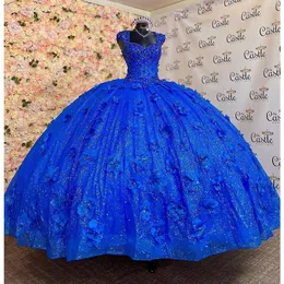 Vestidos da Royal Blue Quinceanera com apliques florais 3D fora do ombro, espartilom