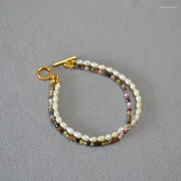 Braccialetti con ciondoli Bracciale a doppio strato con perline in vera pietra di tormalina color perla di riso d'acqua dolce giapponese e coreano