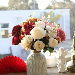 Dekorativa blommor vintage rosbukett silke falsk blomma bröllop trädgård dekoration gröna lämnar konstgjorda diy växter hem dekor tillbehör