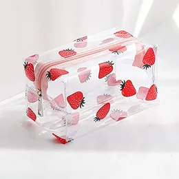 Clear Large Capacity Pencil Cases Portable Cosmetic Makeup Bag Fruit Printed Pouch Stationery Box red Strawberry 1223435