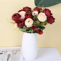 Decoratieve bloemen 35 cm Rose Pink Silk Bouquet Artificial 5 Head 4 Small Bud Diy Vaas Bruid Wedding Home Decoratie Retro Fake
