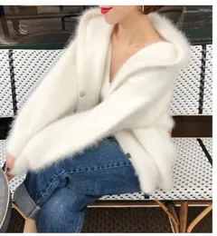 Women's Knits 2022 Women Mink Cashmere Sweater Cardigan With Hooded Lantern Sleeve Coat Outwear Jacket Z006