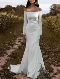Mermaid Wedding Dress 2023 Bridal Gowns Off Shoulder Court Train Soft Satin Long Sleeve Simple Boho Beach Vestidos De Novia