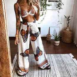 Pantalones de dos piezas para mujer, traje de 2 piezas, conjuntos de chándal Sexy de verano, trajes de mujer, ropa interior con estampado de estilo bohemio de playa, pierna ancha y holgada