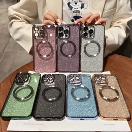 Patrzą Magsafe Phone Phone Połączenia Luksusowe blasku bezprzewodowa osłona ładowania dla iPhone'a 14 13 12 11 Pro Max 14 Plus Lens Glass Case Telefon