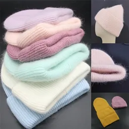 Beanieskull Caps Women's Hat Winter Beanie Real Rabbit Fur Bonnet S For Women Solid Skullies Sticked Female 221026