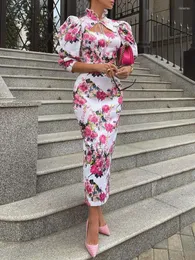 Swobodne sukienki dla kobiet 2022 Autumn Puff rękawa kwiatowy nadruk falbany frybla wycięty wiązany detal bodycon sukienka vestido midi wieczór luksus