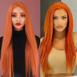 Calowe burgundowe proste ludzkie włosy 13x4 koronkowe peruki dla czarnych kobiet imbir pomarańczowy front