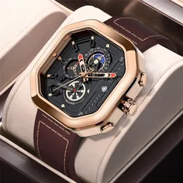Wristwatches LIGE Fashion Square Dial Leather Mens Watches Luxury Sport Waterproof Watch Man Chronograph Quartz WristWatches Montre Homme Box 221025