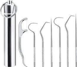 مسواك الفولاذ المقاوم للصدأ SE 7PCS/مجموعة Detntal Floss Care Care Tool Tundepicks Container Contable Keychain Stainpicks with thread