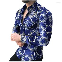 Men's Casual Shirts Men's Feitong Men Shirt Cotton Geometric Floral Print Long Sleeve Button Turn-down Collar 2022 Streetwear Camisa