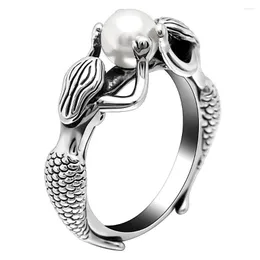 Wedding Rings 2022 Antique Silver Color Big Ring Fashion Elegant Double Mermaid Simulated Pearl Hiphop Women Jewelry Gift Wholesale