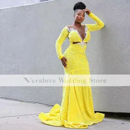 Celebrate Prom Dress Mermaid 2022 Long Sleeves Sequins Sparkly Yellow African Party Wear for Women vestidos de gala