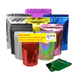 Dubbelsidig färg Återställbar zip Top Mylar Bag Food Storage Aluminium Foil Påsar Plastförpackningsfodral Lukt Proof Pouches Behållare Torra örb