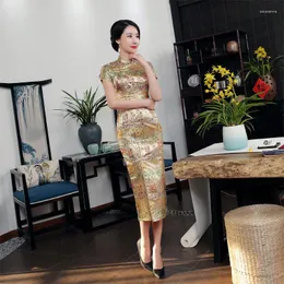 Ubranie etniczne Wysokiej jakości złoto seksowne satynowe kołnierz mandarynki National ciasne cheongsam krótkie rękawowe nowość nadruk długa sukienka S-3xl C0002