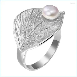 Cluster-Ringe Cluster-Ringe Lotus Fun echte 925 Sterling Silber natürliche Perle handgefertigte Designer edlen Schmuck kreative offene Ring Blatt Fo Dhtcy