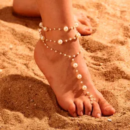 Tornozeletes moda pérola selvagem tornozinha mulher praia de sandálias descalça perna garota garota de três camadas de miçanga de miçangas de miçangas de jóias de jóias