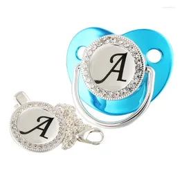 Pacifiers Luxury Metallic Blue 26 Name Letters Baby Pacifier With Chain Clip Bling Rhinestones Born Silicone Dummy Soother Unique Gift